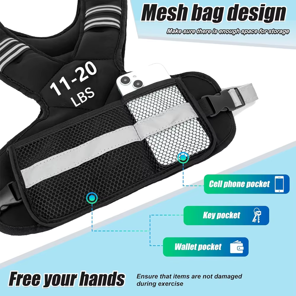 1 gilet lesté réglable, gilet d'équitation de 11 à 20 lb pour femmes et hommes avec 6 poids et grande poche, gilet de poids pour la course à pied, la marche