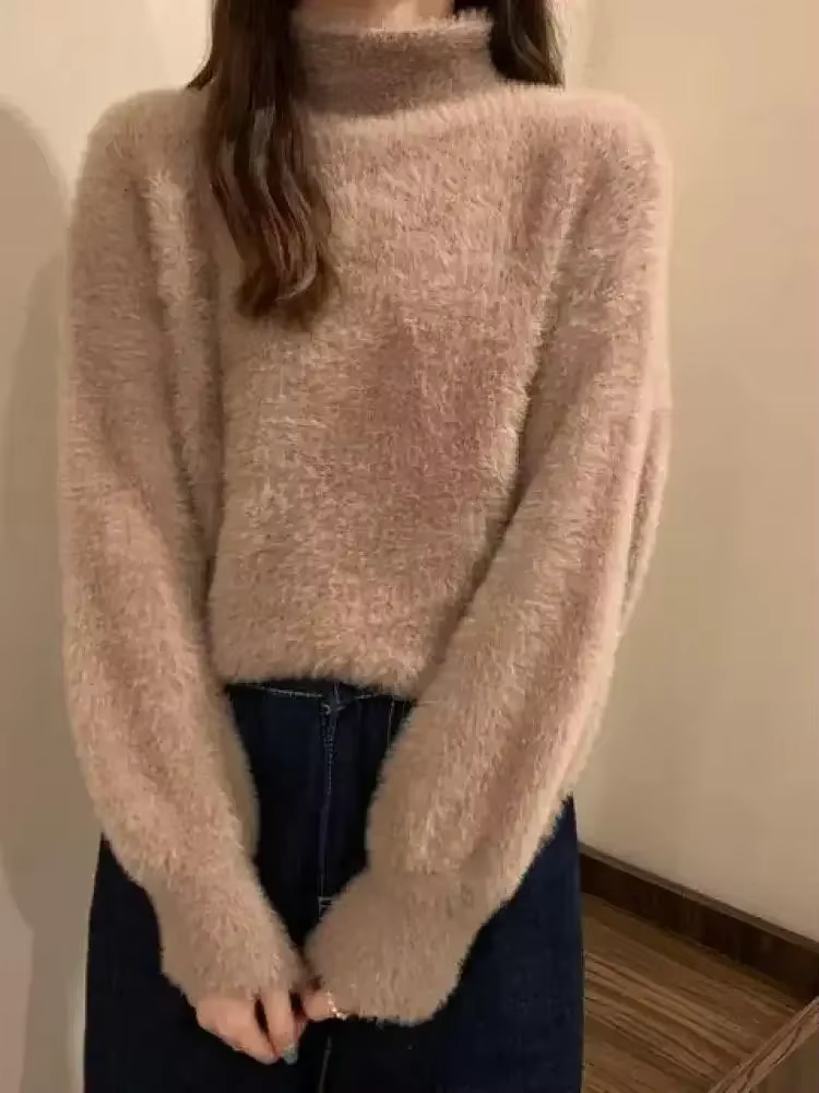 Doux chaud hauts hiver imiter laine de vison polaire chaude femme col roulé épaissir élastique pull décontracté femmes pulls tricotés
