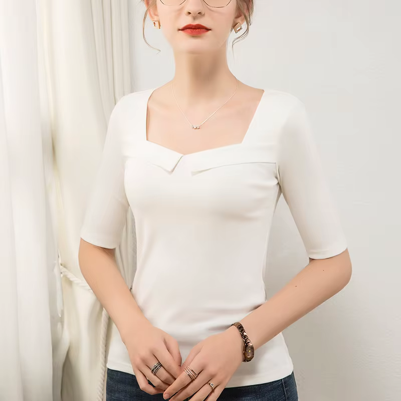 T-shirt français à col carré et manches cinq points pour femmes, coton fin et extensible, grand blanc Y2k, Top Harajuku, été