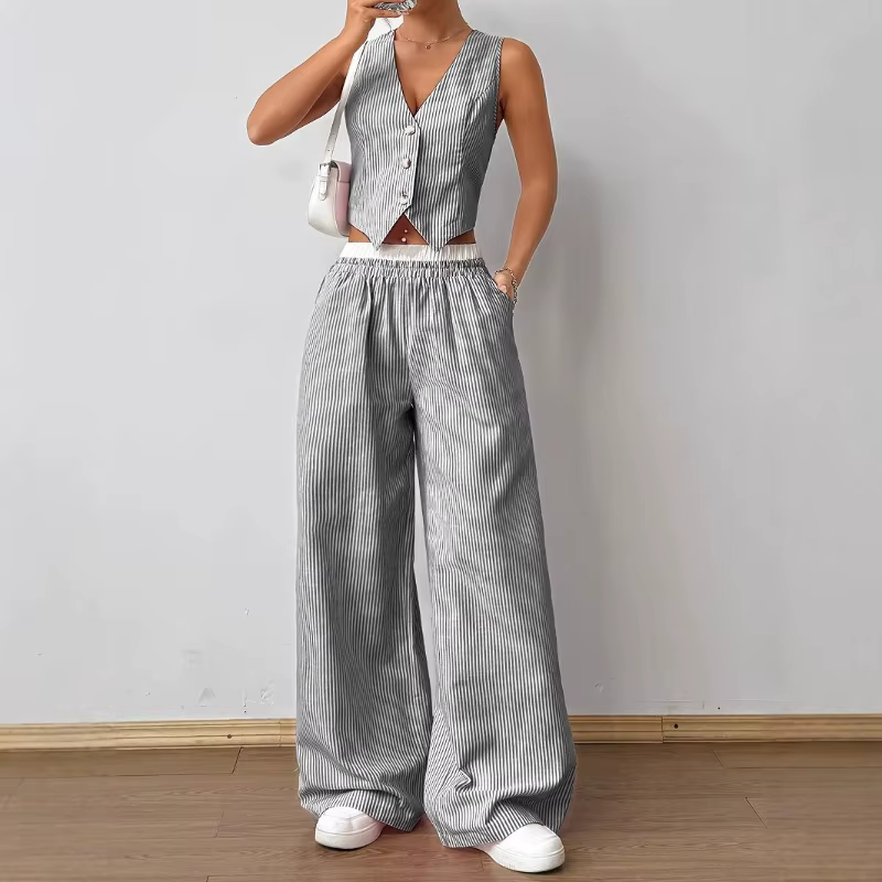 2025 nouveau élégant rayé sans manches col en v gilet taille contraste Co pantalon deux pièces ensemble été Woen ensembles mode costume haut