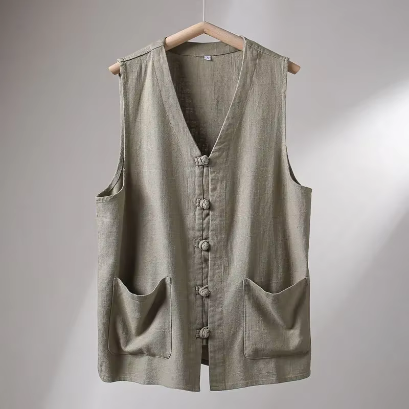 Gilet en lin pour homme, style chinois, boutons grenouillère, col en V, sans manches, coupe ample, décontracté, pour l'été