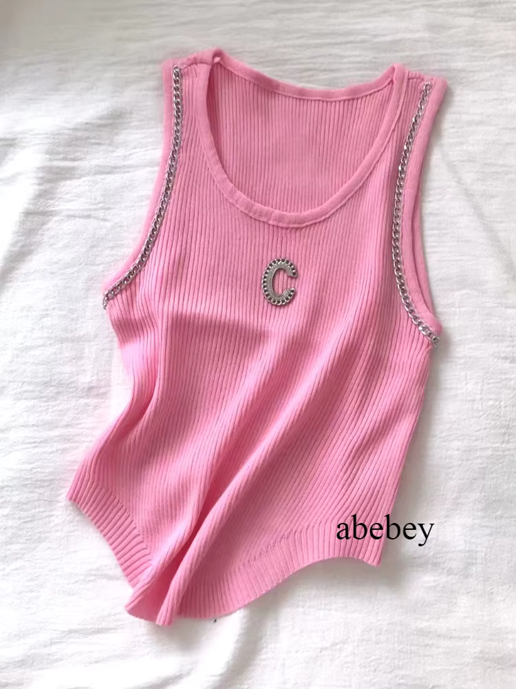 Gilet en tricot côtelé blanc avec décoration tridimensionnelle et strass pour femmes, haut court sans manches à col rond mode printemps été style décontracté