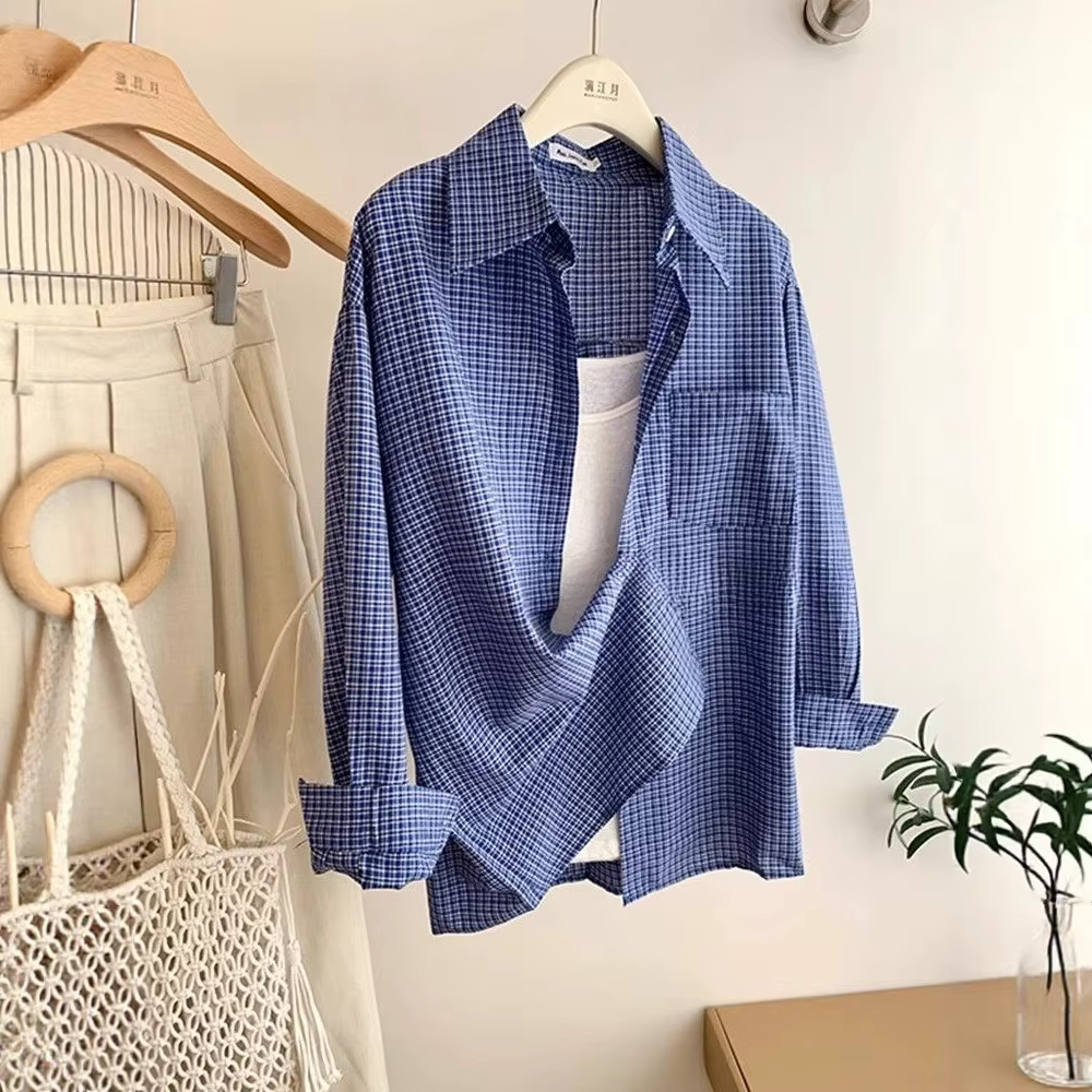 Veste chemise à manches longues à carreaux bleus pour femmes, Style paresseux Vintage de début d'automne, chemise ample et décontractée à carreaux ajustée.