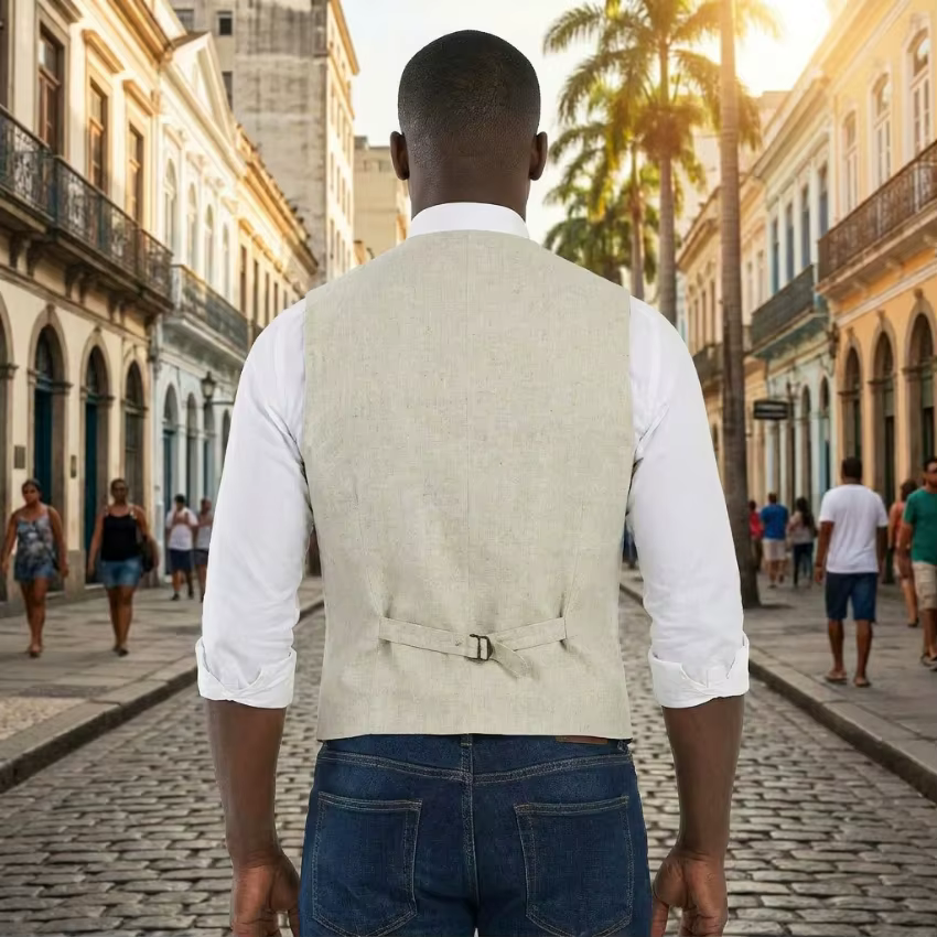 Gilet en lin pour homme, col en V, beige, simple boutonnage, pour occasions décontractées, fêtes, été, plage, nouvelle collection