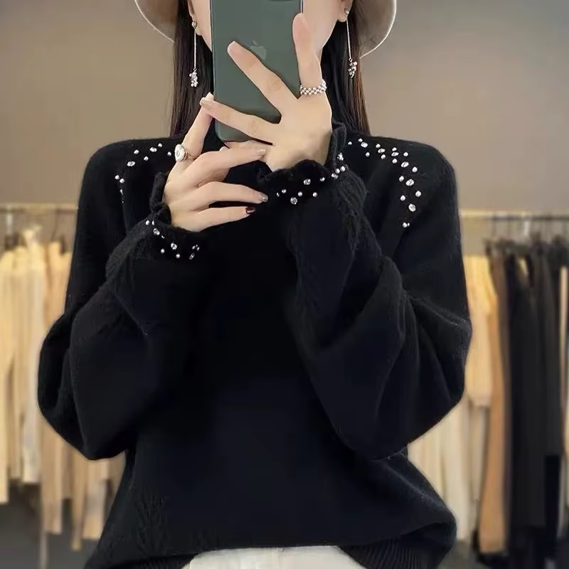 Pull à col roulé pour femmes automne/hiver 2025 Dingzhu industrie lourde lâche nouvelle laine tricoté