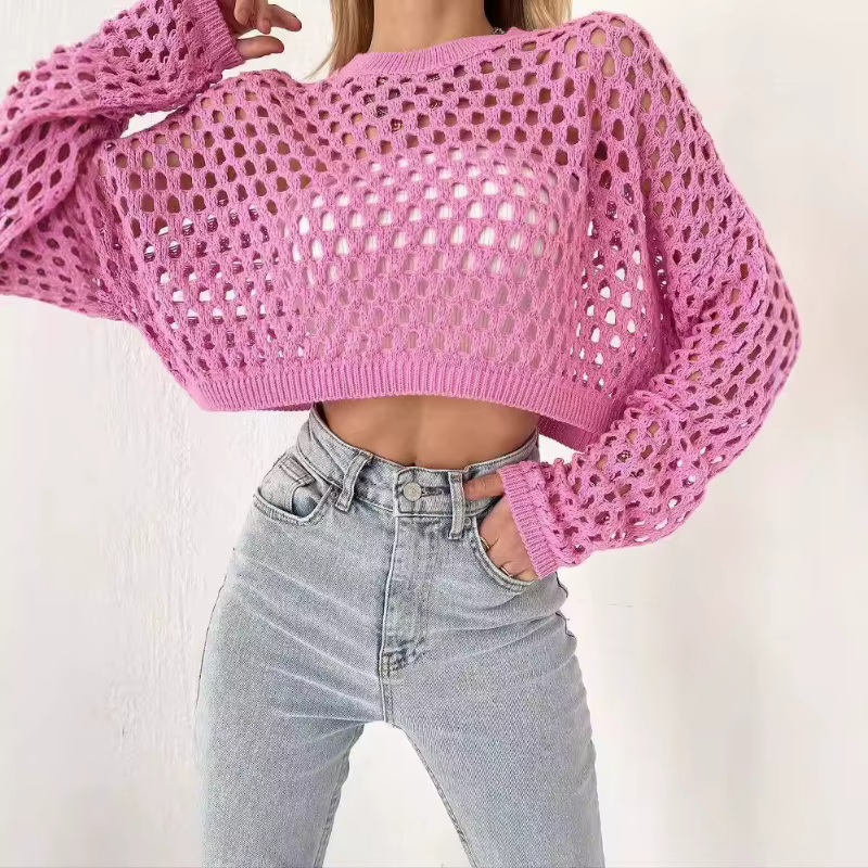 Pull ample à manches évasées et col rond pour femme, tricot ajouré