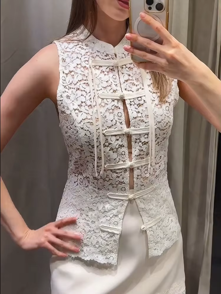 Nouveau Gilet Décontracté d'Été 2026 pour Femme HH, Blanc, Ajouré, à Motif Floral en Dentelle, Sans Manches, Coupe Slim, Boutonnage Simple, Idéal pour les Vacances