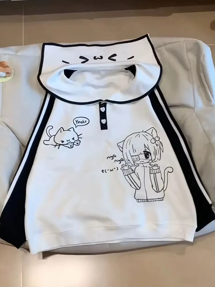 Sweat-shirts à col marin mignons pour femmes, à manches longues, style dessin animé Kawaii, pull-over tendance, coupe ample, style preppy doux, hauts rayés pour l'automne