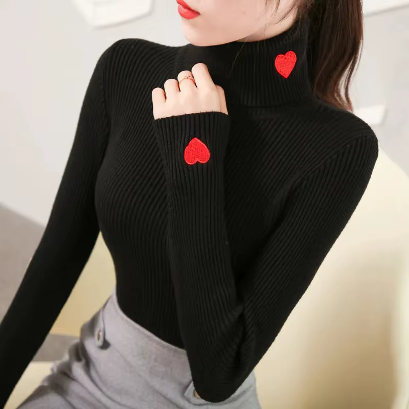 Pull à col roulé pour femmes automne hiver coréen amour brodé tricots