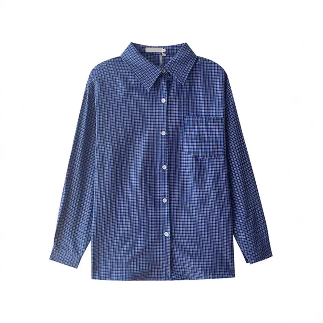 Veste chemise à manches longues à carreaux bleus pour femmes, Style paresseux Vintage de début d'automne, chemise ample et décontractée à carreaux ajustée.