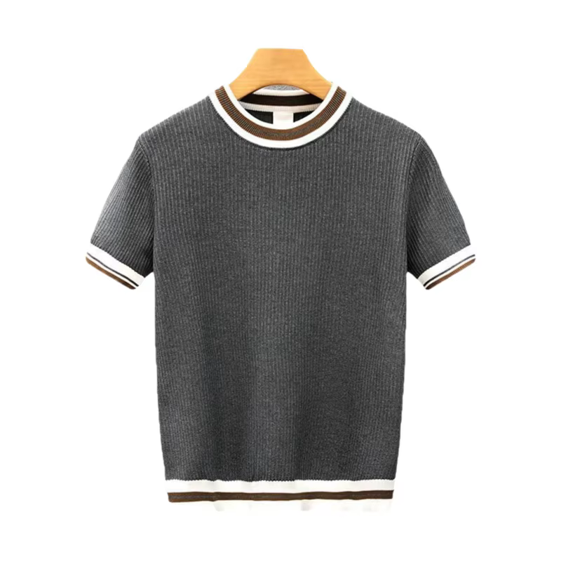 T-shirt léger d'été pour homme, col rond, rayé, manches courtes, pull tricoté, sous-vêtement décontracté, style vintage, poly…