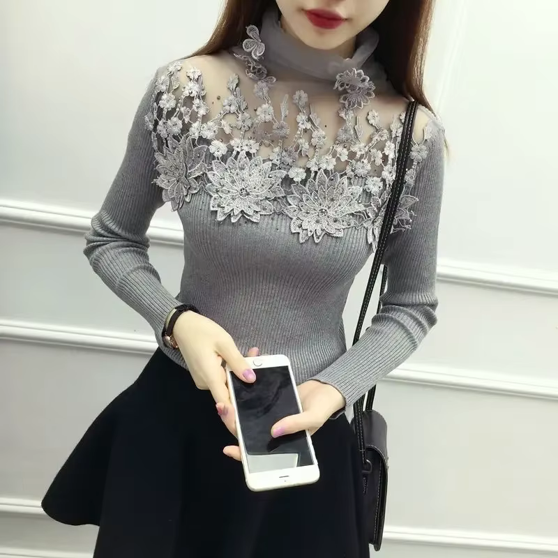 Pull à col roulé avec coutures en dentelle pour femmes, pull évidé