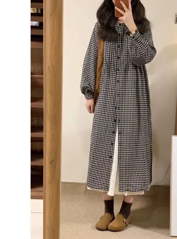 Robe chemise rétro à carreaux à manches longues, nouveau Style d'automne, Style paresseux, robe ample et bloquant la viande