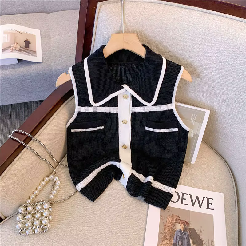 Débardeur tricoté court sans manches à col polo et boutons dorés pour femme et adolescente