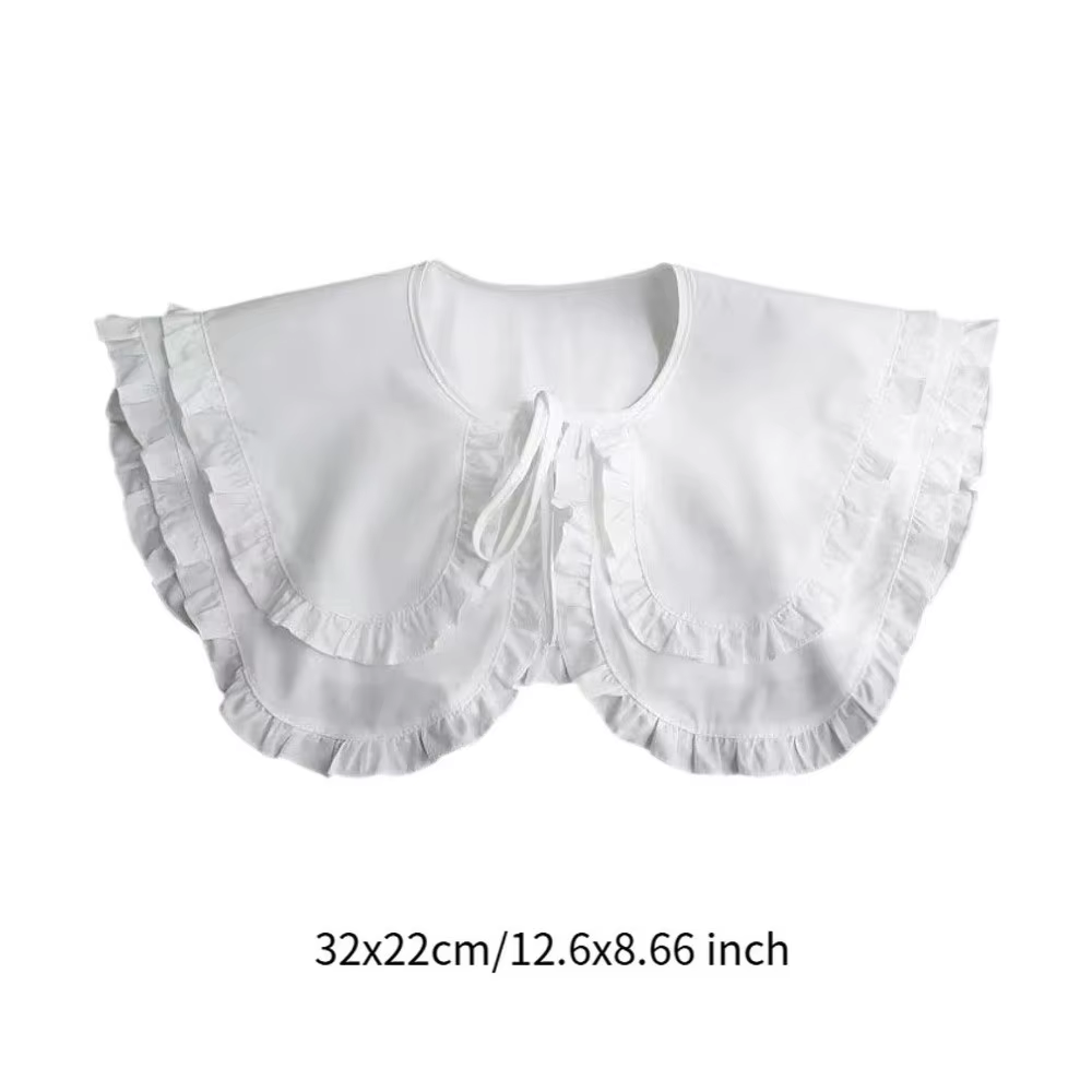 Faux col pour femme à grand revers, style demi-chemise, à lacets, double couche, couleur unie, à volants, style col de poupée, décoratif