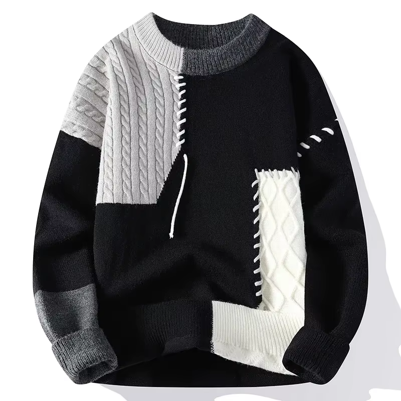 2025 nouveau mâle Patchwork pull tendance haute rue mode automne et hiver chaud hommes Hip-hop rue vêtements hommes pull chemise
