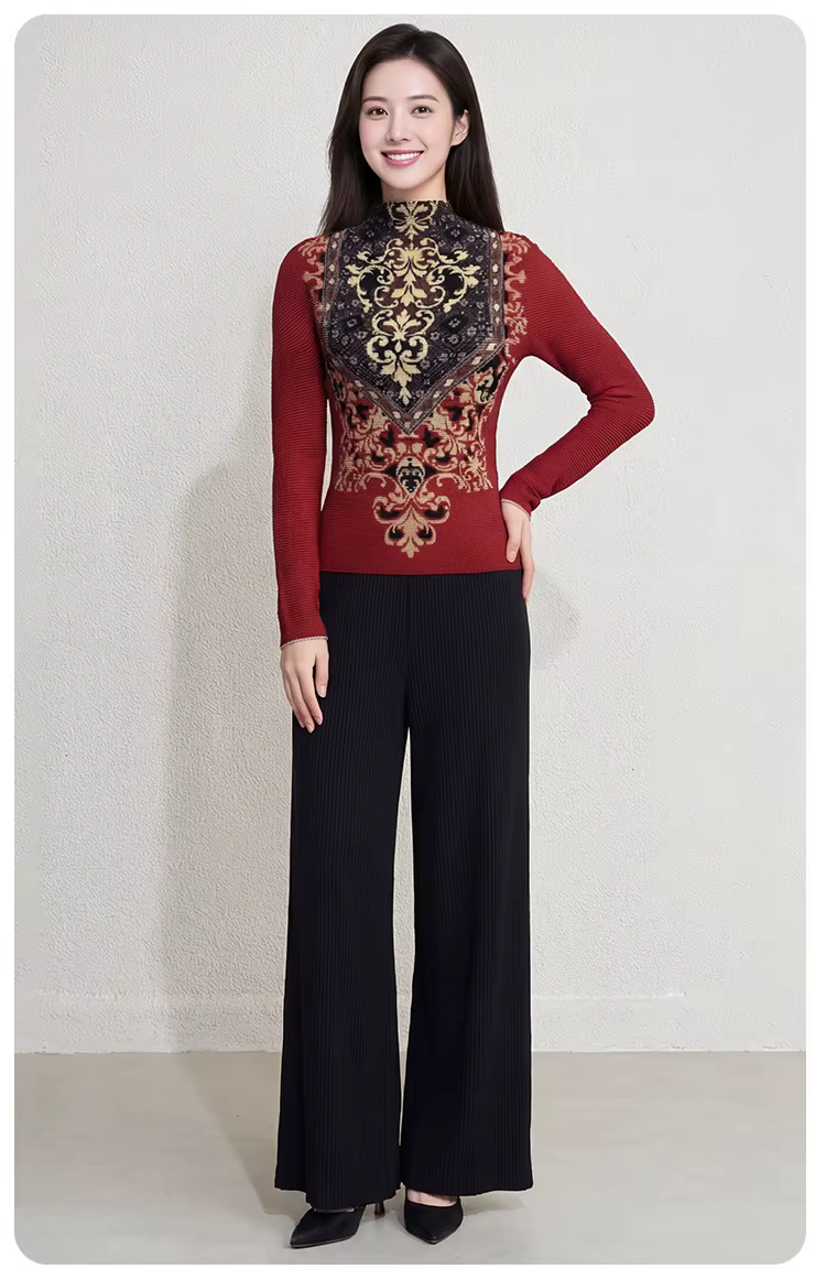 Haut plissé à col roulé imprimé style baroque rétro