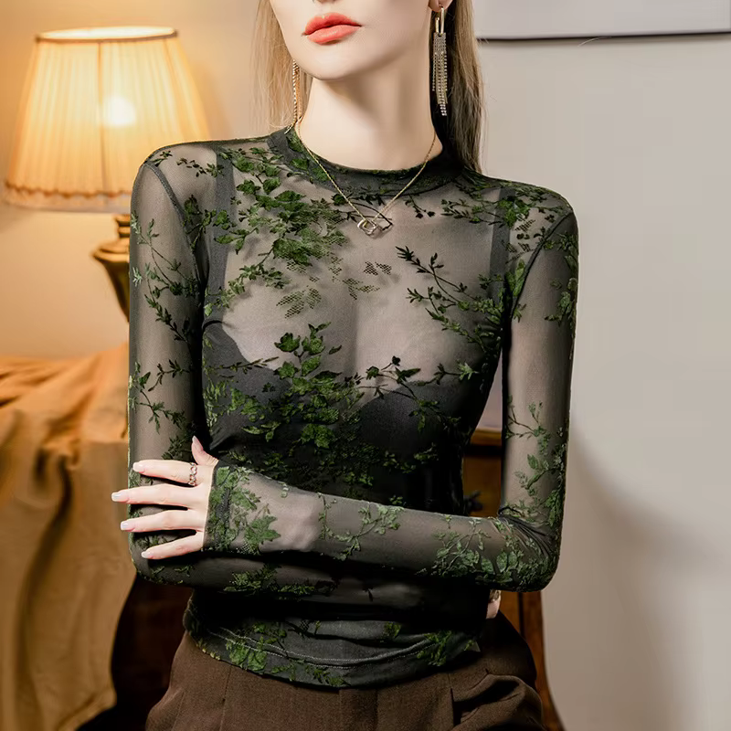 # 4258 vert maille t-shirt femmes à manches longues Sexy mince voir à travers