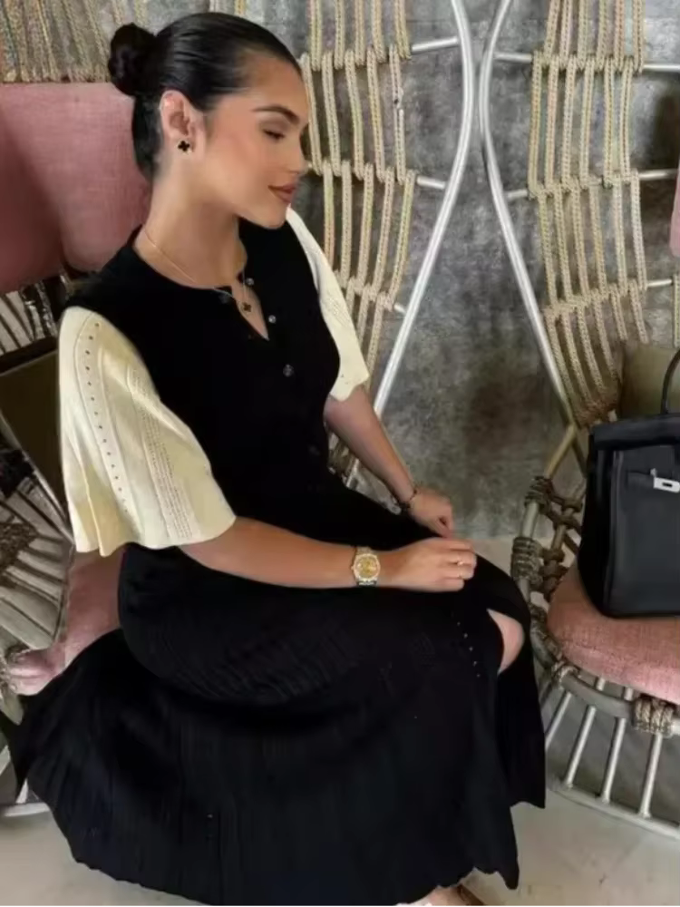 Nouvelle Robe Longue Tricotée Élégante pour Femme, Col Rond, Manches Courtes Unies, Boutonnée, Taille Haute, Fendue, Robe de Soirée Tendance Féminine
