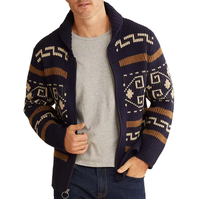 Cardigan tricoté pour hommes, manteau à fermeture éclair, manches longues, col rabattu, imprimé, épais, Slim Fit, point ouvert, automne hiver