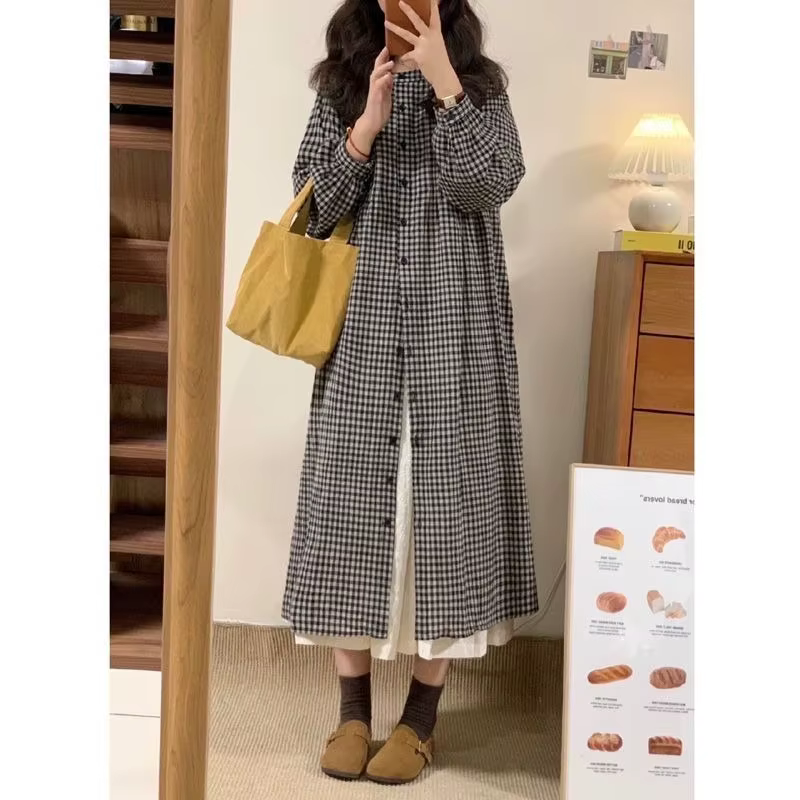 Robe chemise rétro à carreaux à manches longues, nouveau Style d'automne, Style paresseux, robe ample et bloquant la viande