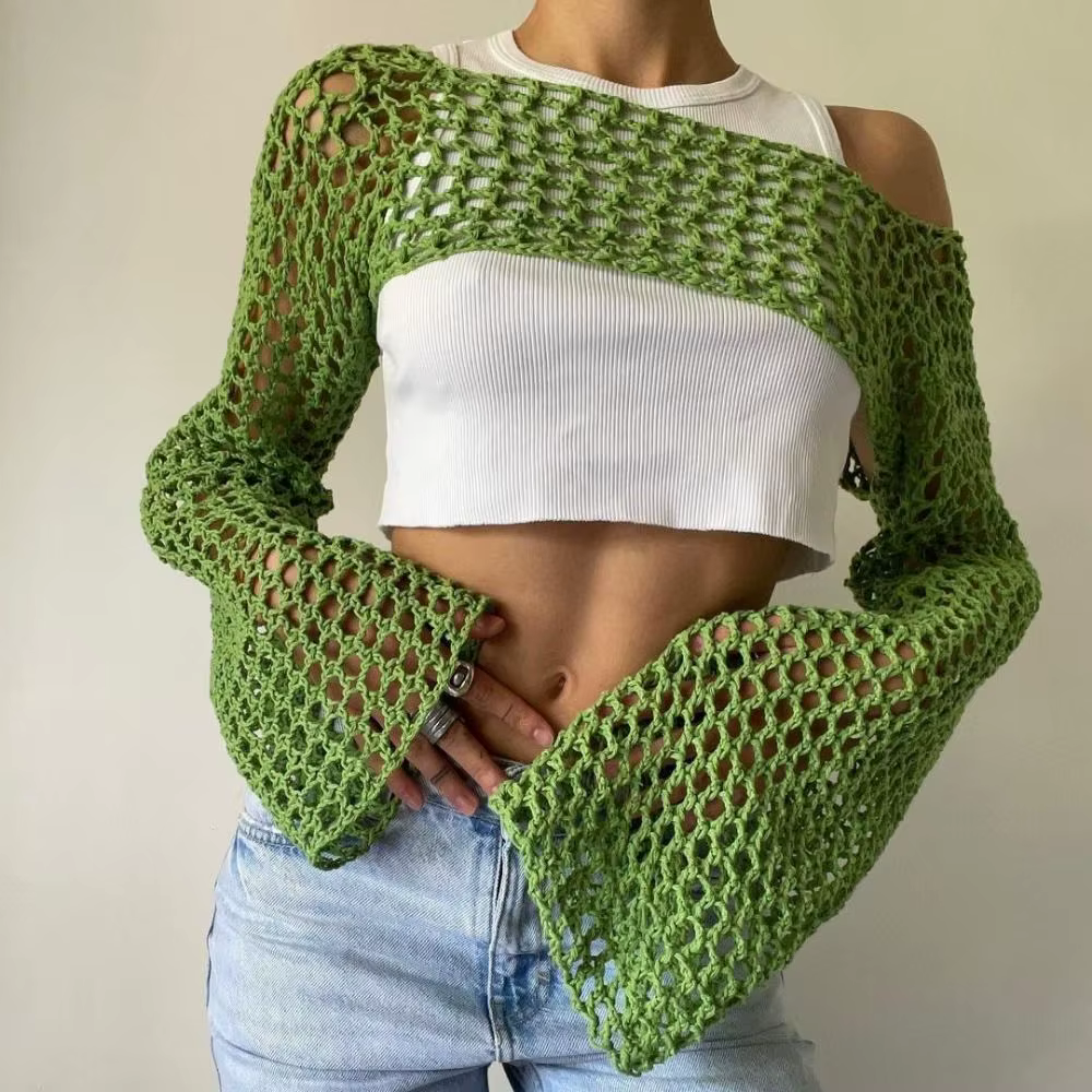Y2K manches haussement d'épaules pull fibres acryliques douces femmes Crochet haut court