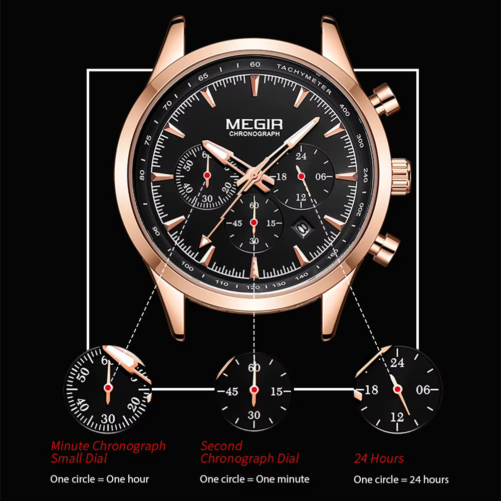 Montre chronographe sport pour homme MEGIR, mouvement à quartz, bracelet en acier maille, étanche, calendrier, montre-bracelet décontractée pour hommes, Reloj