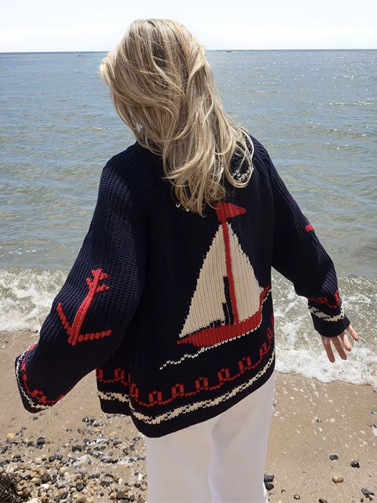 Pull en tricot jacquard à motif voilier pour femme, élégant, à revers, manches longues, avec empiècements, coupe ample, style cardigan, nouvelle collection automne, tricot pour femme