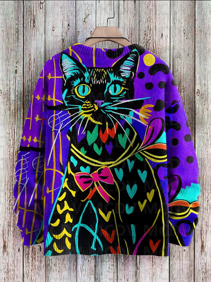 Pull en tricot imprimé multicolore pour hommes et femmes, pull décontracté, chat d'art abstrait