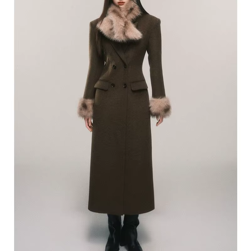 Vintage col de fourrure Double boutonnage taille Corset sablier écharpe amovible Long manteau en laine