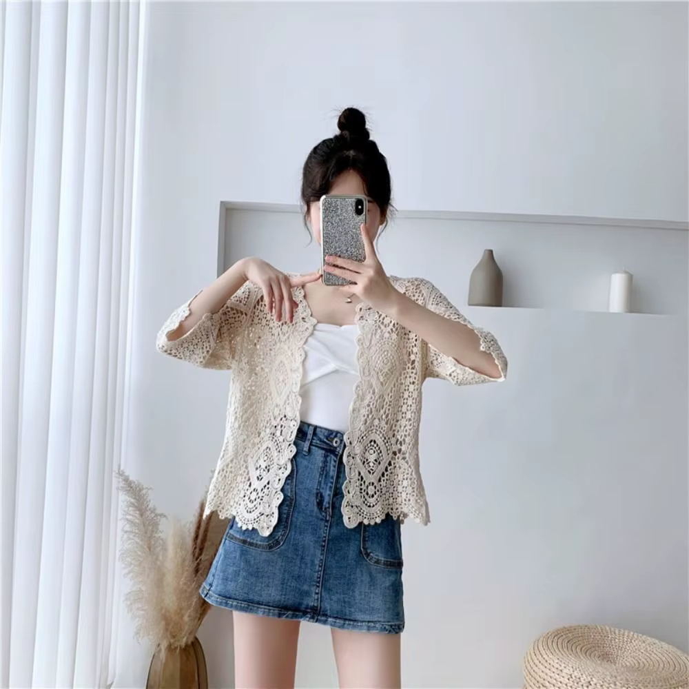 Cardigan en maille tricotée style bohème ajouré à manches 3/4