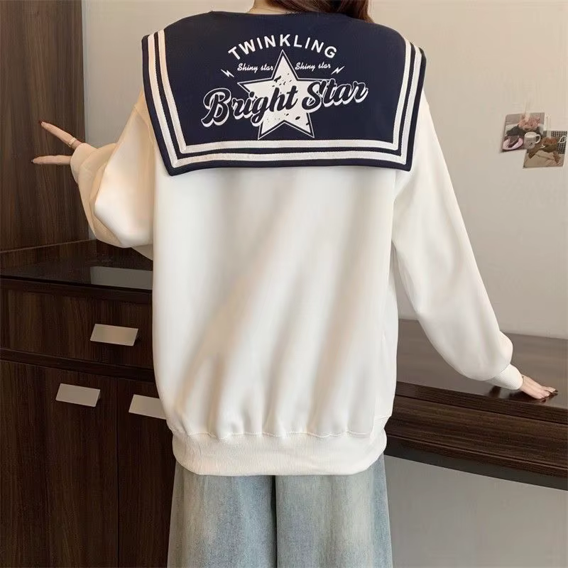 Sweat-shirt Y2K pour femme, col marin, coupe oversize, épaules tombantes, blanc, manches longues, avec breloques étoiles 3D mignonnes, style preppy, haut d'automne