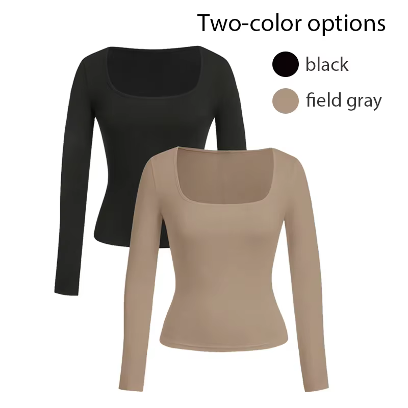 Chemise de Yoga à col carré pour femmes, coupe ajustée et amincissante à haute élasticité, t-shirt à manches longues sur les épaules sur le devant