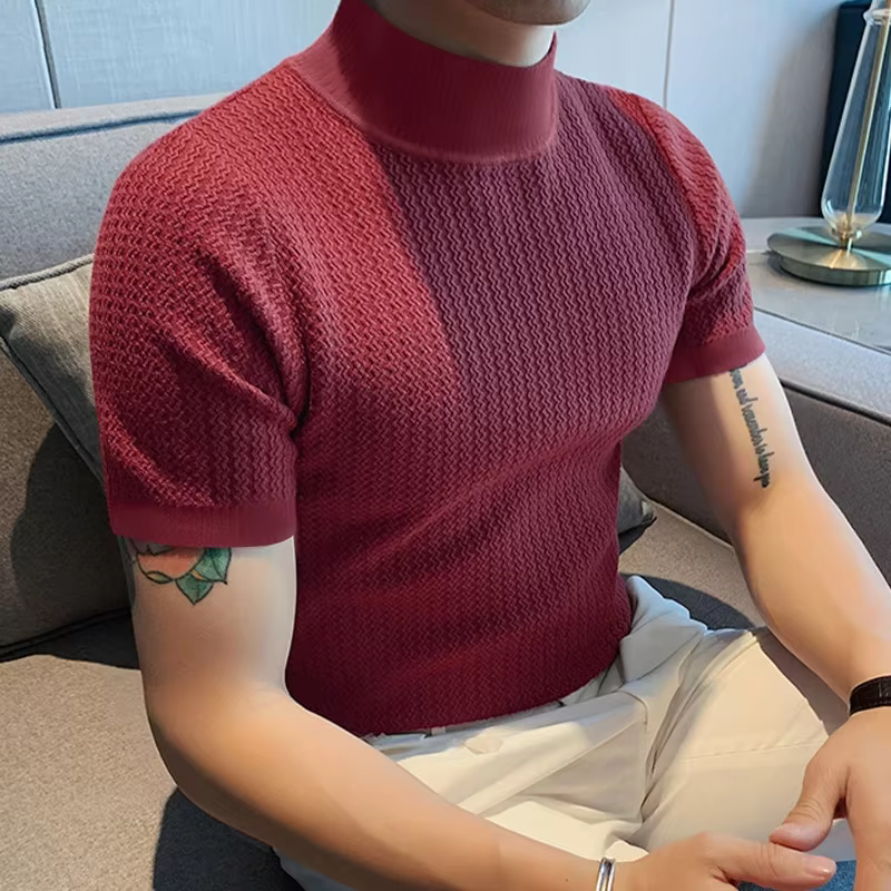 T-shirt tricoté à col roulé pour hommes, coupe cintrée, couleur unie, chemises décontractées, manches courtes, pull à bascule, Streetwear, 2024