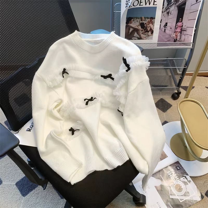 Faire un nouveau pull d'hiver femme col rond dentelle nœud papillon détendu joker bord bref paragraphe