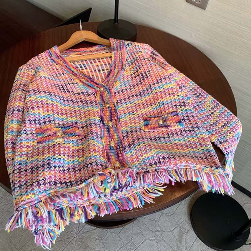 Nouveau automne arc-en-ciel couleur tricoté pull femmes mode col en v gland décoration Cardigan dame rétro simple boutonnage décontracté hauts
