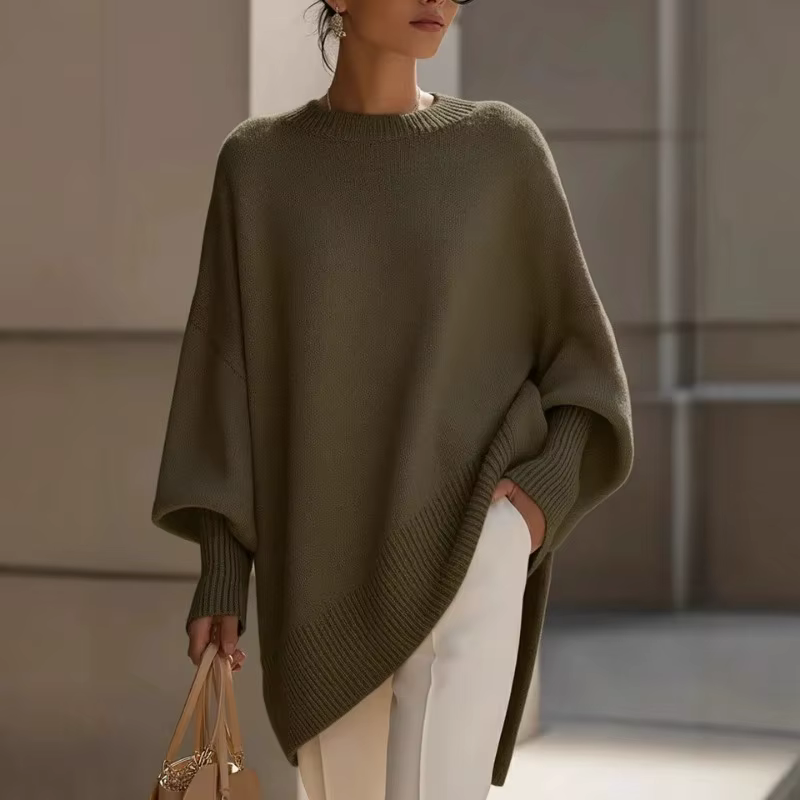 Pull en tricot beige surdimensionné pour femme, manches chauve-souris, ourlet asymétrique, coupe décontractée ample, pour un usage quotidien