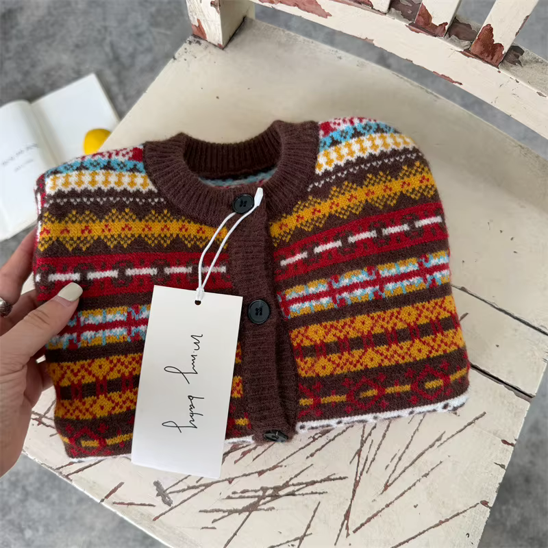 Pull pour enfants 2026 – Nouvelle collection printemps-automne-hiver – Cardigan color block pour garçons et filles – Manteau tricoté rétro pour bébé