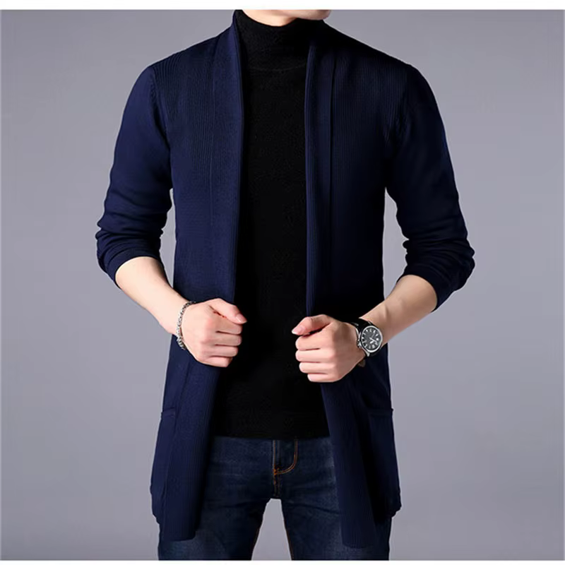 Cardigan long en tricot pour homme 2026, veste décontractée à la mode, poche, cardigan pour homme, pull, hauts pour homme, manteaux