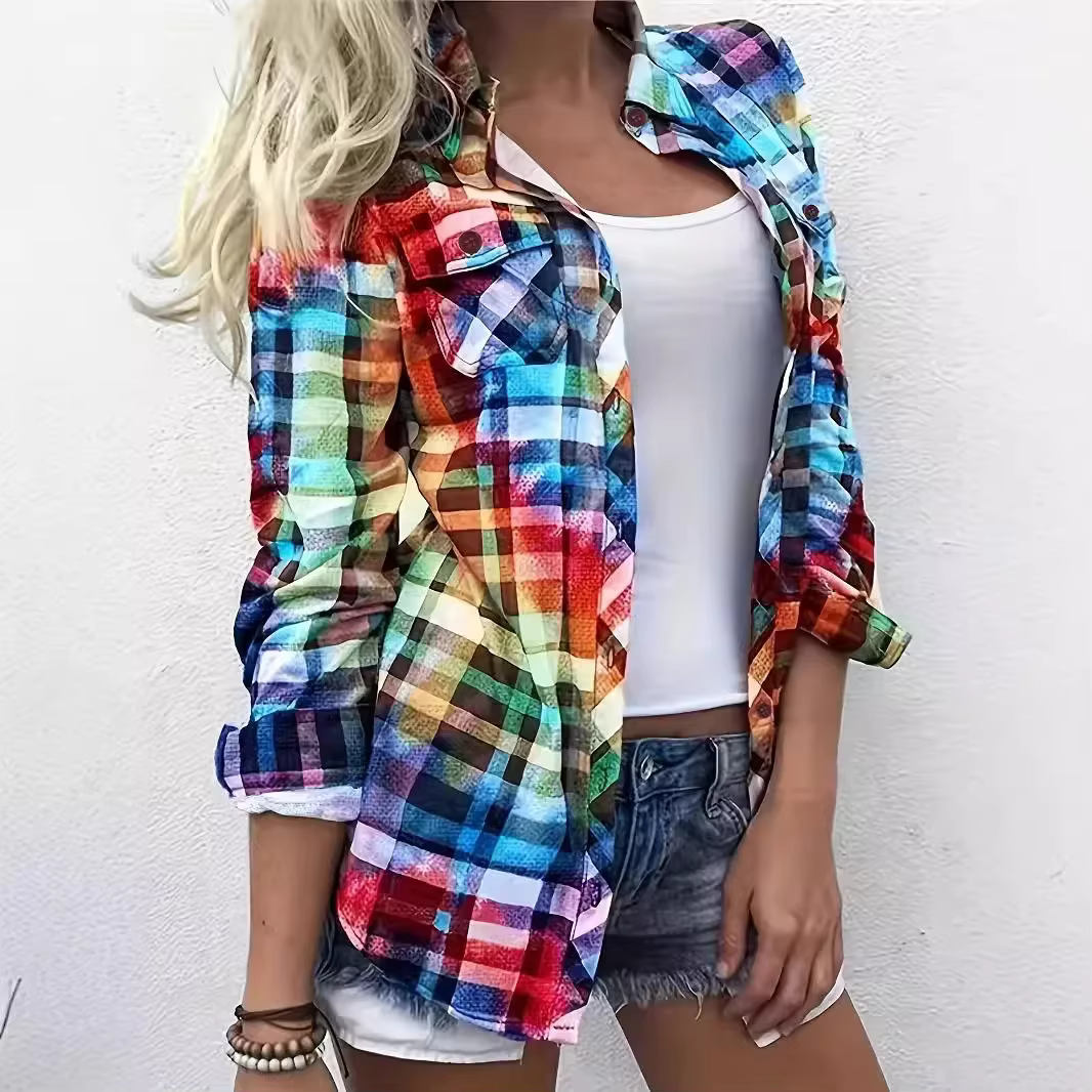 Chemise à carreaux à manches longues pour femmes, nouveau Style, Double poche, motif rayé, mélange de coton et de Polyester, haut boutonné, printemps automne