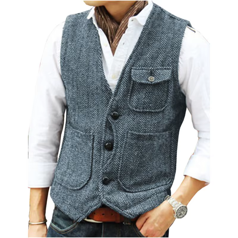 Gilet d'outillage décontracté formel en Tweed à chevrons marron col en V