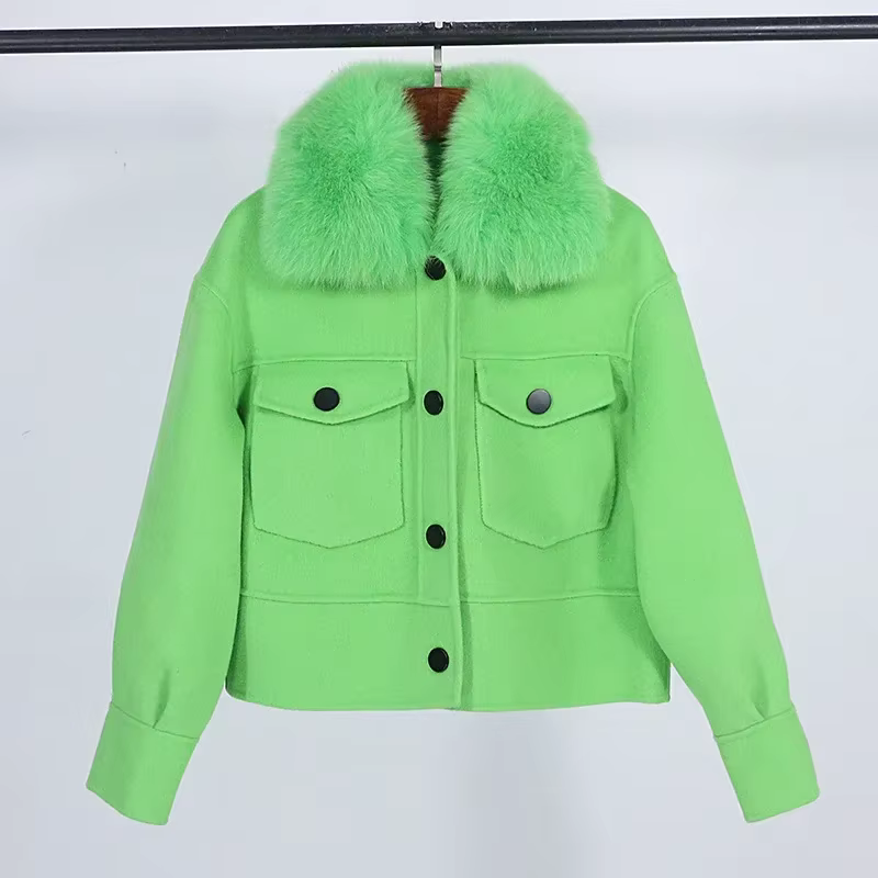 Manteau court décontracté pour femme avec col en fourrure de renard