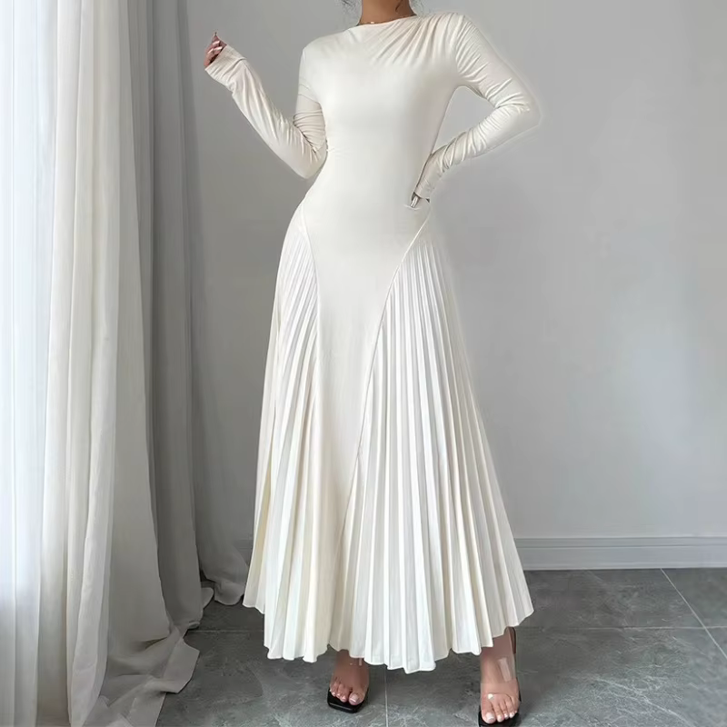 Robe tricotée à manches longues pour femmes, tenue élégante plissée pour Banquet d'automne