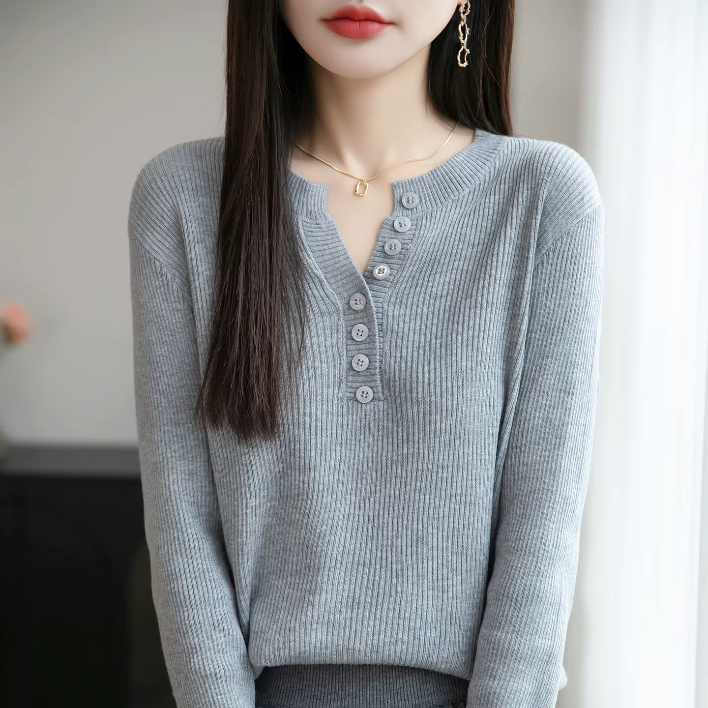 Laine peignée col rond pull femmes couleur unie bouton à manches longues haut automne hiver mode tricot Stretch femme