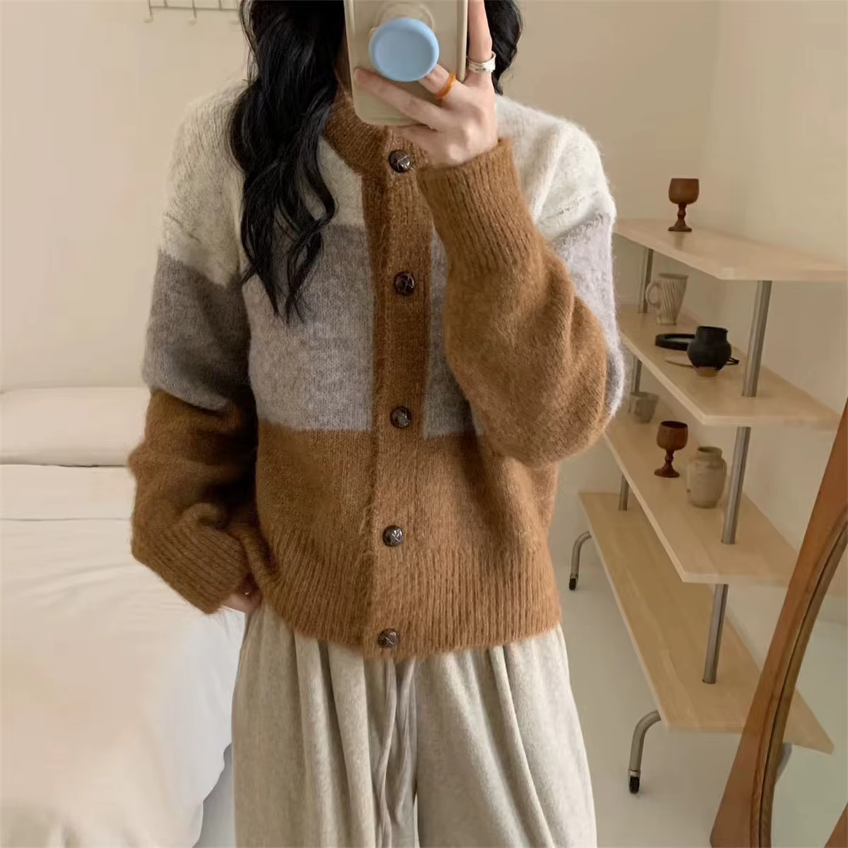 Manteau pull rayé à blocs de couleurs