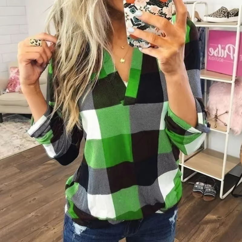 Printemps automne Vintage classique imprimé à carreaux col en v à manches longues pull décontracté chemise élégante mode chemisier ample vêtements féminins