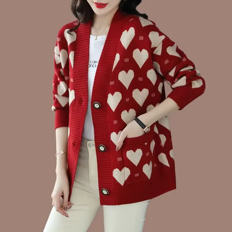 Cardigan femme hiver 2025 vintage patchwork col en V coupe ample polyester acétate automne noir bleu ciel vert armée occassions spéciales