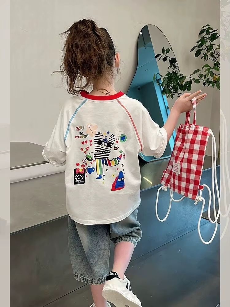 T-shirt blanc pour filles, nouvelle collection été 2026, 100 % coton, épaules tombantes, manches courtes, décontracté, pour grandes filles, coupe ample tendance