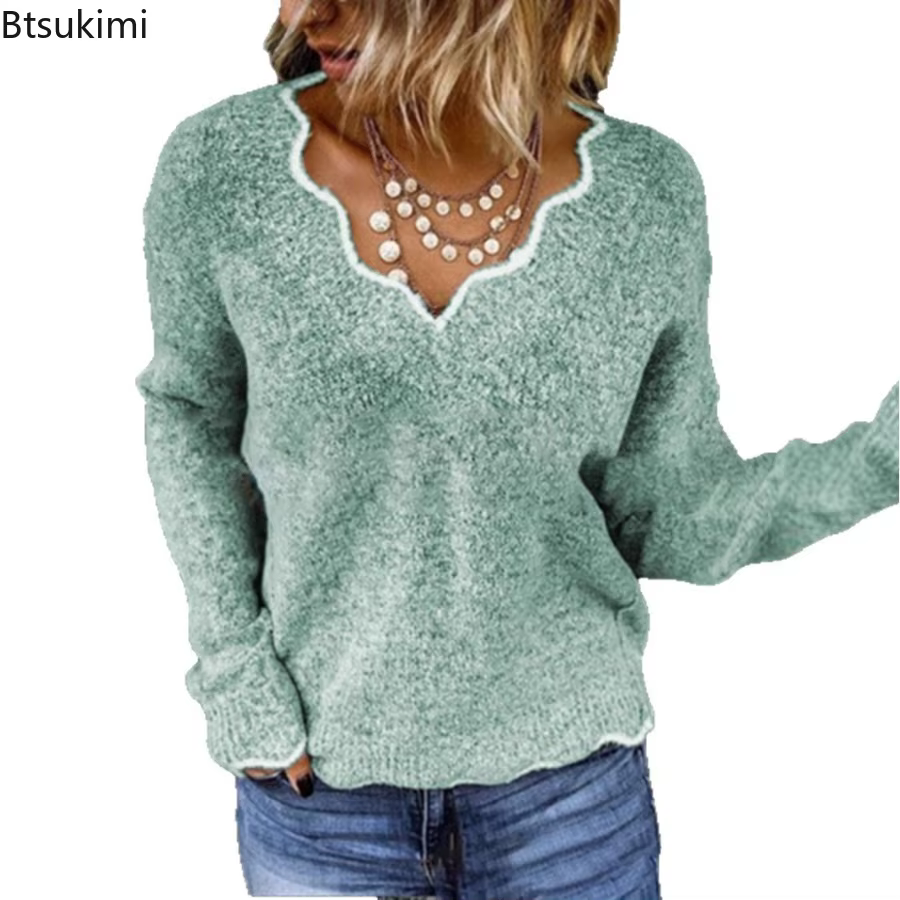 Pull décontracté à col en V pour femmes, couleur unie, polyester, automne hiver, manches longues, occasions casual et soirées