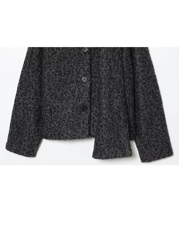 HH femmes Bouclé tissu écharpe col simple boutonnage décontracté manches longues ample court automne mode Style de rue manteau